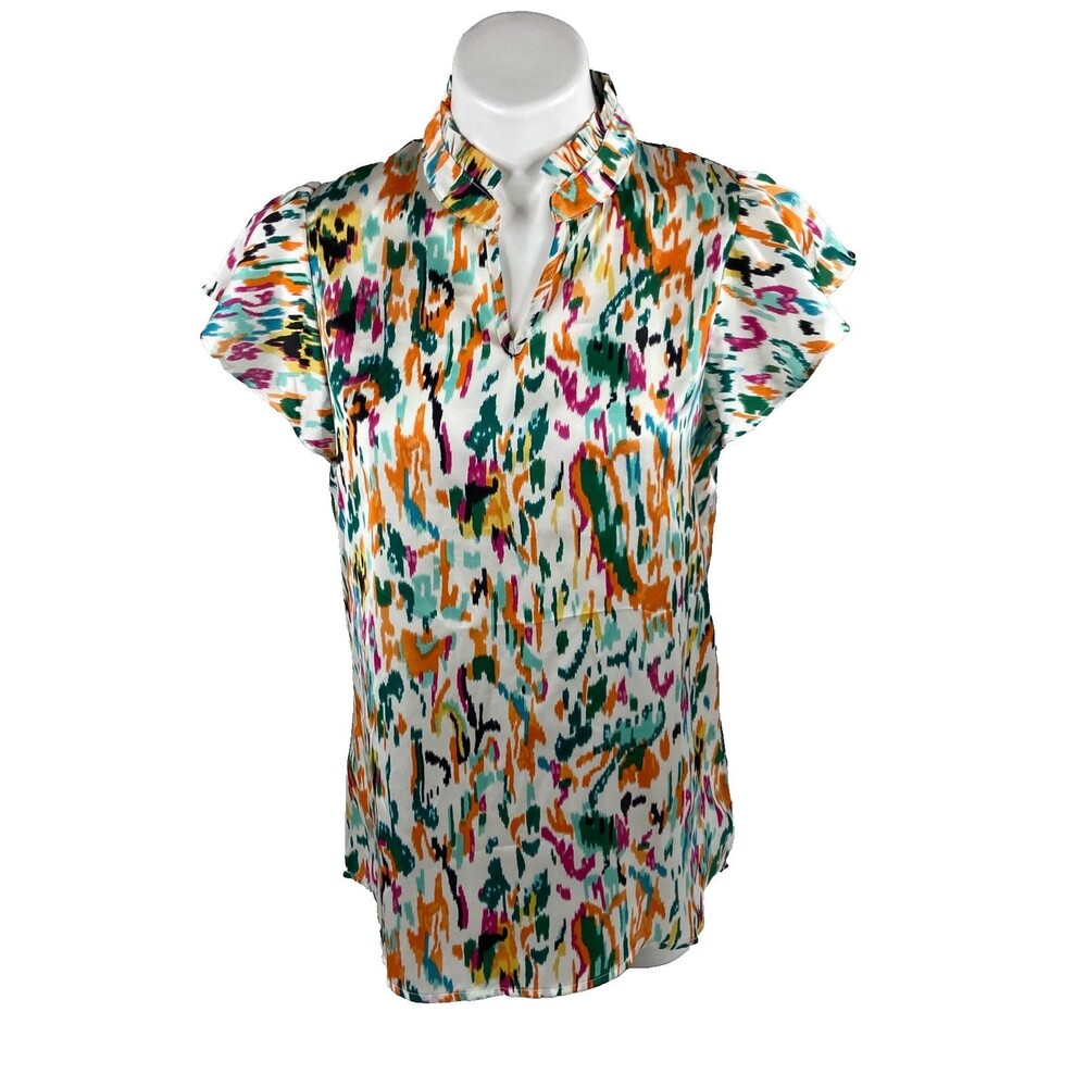 Multi Color Abstract Women Medium Blouse V Neck Casual NWT - Picture 1 of 9